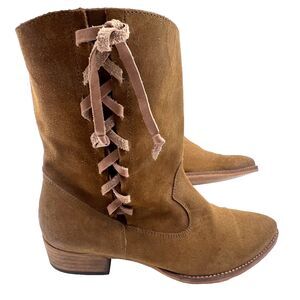 VINTAGE MTNG SPAIN BROWN SUEDE SIDE LACE UP COWBOY BOOT BOOTIE LADIES SIZE 7.5